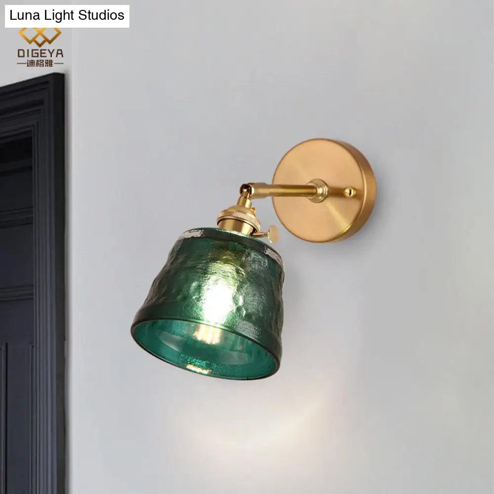 Antiqued Green Brass Wall Sconce With Dimpled Glass Shade And Adjustable Cone