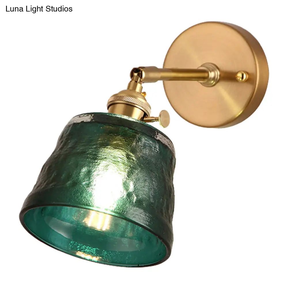 Antiqued Green Brass Wall Sconce With Dimpled Glass Shade And Adjustable Cone
