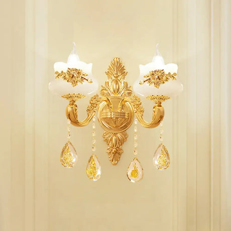 Antiqued Imitation Jade Gold Finish Wall Sconce With Crystal Drop - Candle Living Room Lamp 2 /