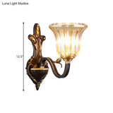 Antiqued Inverted Bell Wall Lamp: 1/2-Light Ribbed Glass Fixture With Curvy Brass Arm