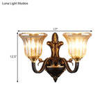 Antiqued Inverted Bell Wall Lamp: 1/2-Light Ribbed Glass Fixture With Curvy Brass Arm