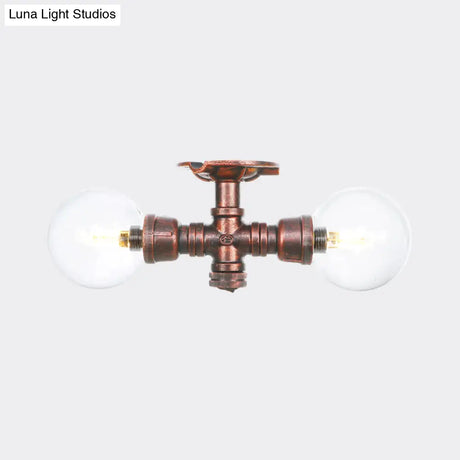 Antiqued Led Flush Mount Lamp With 2 Lights - Clear Glass & Copper Semi Lighting Ball
