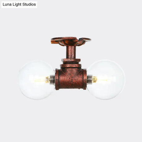 Antiqued Led Flush Mount Lamp With 2 Lights - Clear Glass & Copper Semi Lighting Ball