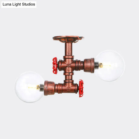 Antiqued Led Flush Mount Lamp With 2 Lights - Clear Glass & Copper Semi Lighting Ball