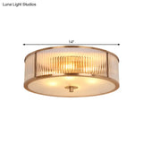 Antiqued Opaline Glass 3-Head Brass Flush Mount Light With Fluted Drum Design For Bedrooms Ceiling