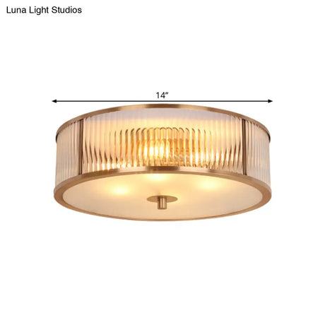 Antiqued Opaline Glass 3-Head Brass Flush Mount Light With Fluted Drum Design For Bedrooms Ceiling