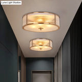 Antiqued Opaline Glass 3-Head Brass Flush Mount Light With Fluted Drum Design For Bedrooms Ceiling