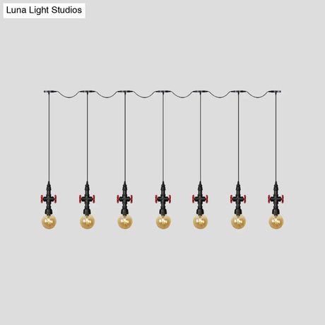 Antiqued Sphere Multi Light Chandelier With Amber Glass Pendant - Led Suspension In Black