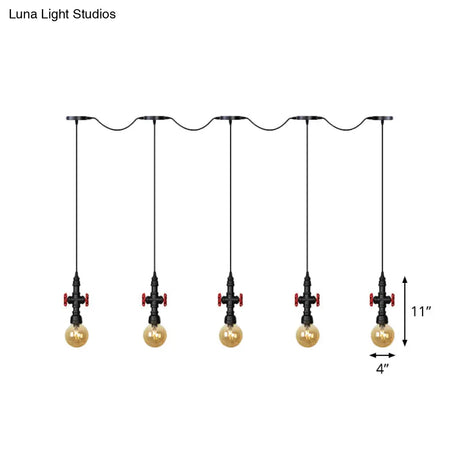 Antiqued Sphere Multi Light Chandelier With Amber Glass Pendant - Led Suspension In Black
