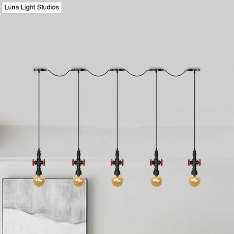 Antiqued Sphere Multi Light Chandelier With Amber Glass Pendant - Led Suspension In Black