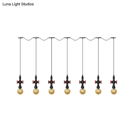 Antiqued Sphere Multi Light Chandelier With Amber Glass Pendant - Led Suspension In Black