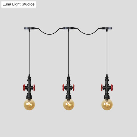 Antiqued Sphere Multi Light Chandelier With Amber Glass Pendant - Led Suspension In Black