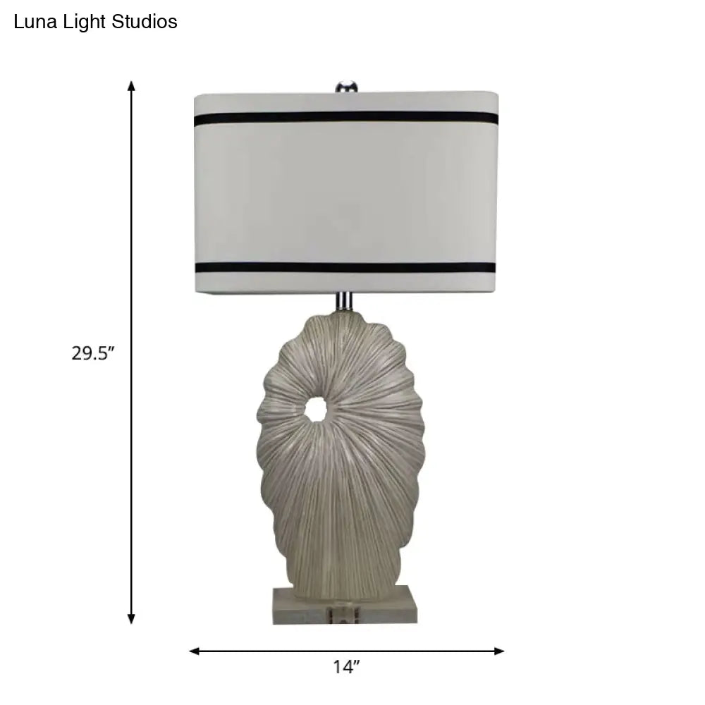 Antiqued Style Table Lamp - Black-White Fabric Shade Rectangular 1 Head Shell Porcelain Base