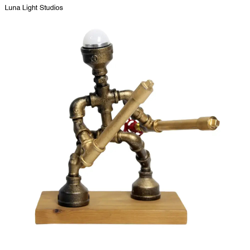 Antiqued Warrior Iron Table Lamp In Brass With Water Valve Deco - Nightstand Lighting