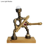 Antiqued Warrior Iron Table Lamp In Brass With Water Valve Deco - Nightstand Lighting