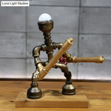 Antiqued Warrior Iron Table Lamp In Brass With Water Valve Deco - Nightstand Lighting