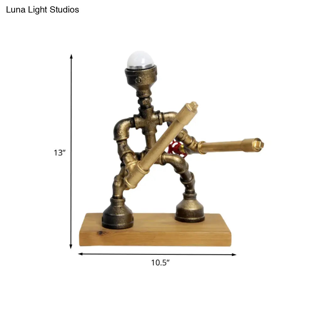 Antiqued Warrior Iron Table Lamp In Brass With Water Valve Deco - Nightstand Lighting