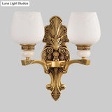 Antiqued White Glass Cup Wall Sconce - Brass 1/2 Heads Mount Lamp For Bedroom Lighting