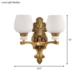 Antiqued White Glass Cup Wall Sconce - Brass 1/2 Heads Mount Lamp For Bedroom Lighting