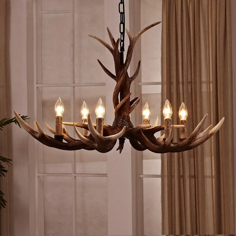 Antler Chandelier: Resin Countryside Living Room Lighting 6 / Brown