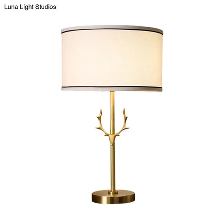 Antler Decor Fabric Drum Table Lamp - Simplicity 1 Bulb White Bedside Nightstand Light