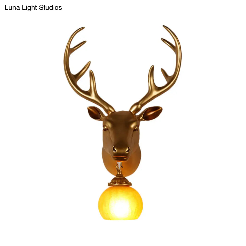 Antler Resin Gold Sconce Lamp - Rustic Wall Light With Amber Glass Shade