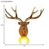 Antler Resin Gold Sconce Lamp - Rustic Wall Light With Amber Glass Shade