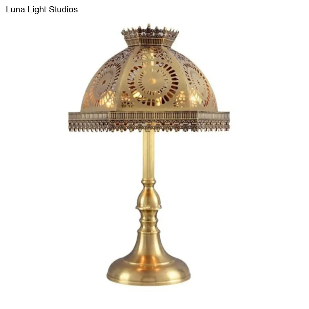 Art Deco Brass Dome Table Lamp - Metallic 1 Head Nightstand With Hollowed Out Design For Living Room