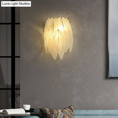 Art Deco Brass Finish Leaf Sconce Lamp - Clear Glass 2-Bulb Wall Mounted Light For Dining Room