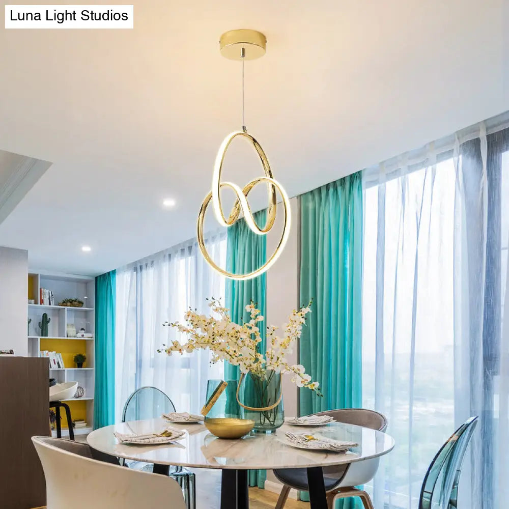 Art Deco Gold Finish Led Suspension Lamp - Interlocking Metal Chandelier For Restaurants