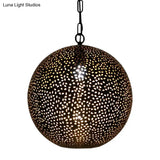 Art Deco Metallic Pendant With Hollow Out Design For Restaurants - Black Ball Shade 1-Bulb Ceiling