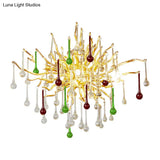 Art Deco Starburst Crystal Wall Sconce With 3 Waterdrop Shades - Gold Finish