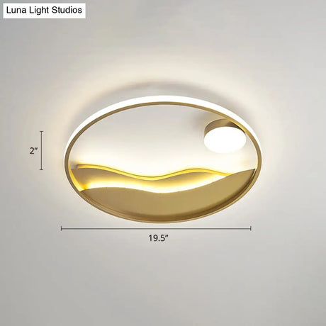 Artistic Bedroom Ambiance: Sunrise And Sea Led Flush Mount Ceiling Light With A Metal Halo Ring