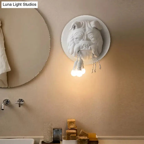 Artistic Bulldog Head Wall Lamp - White/Black 3 Resin Heads Bathroom Mount