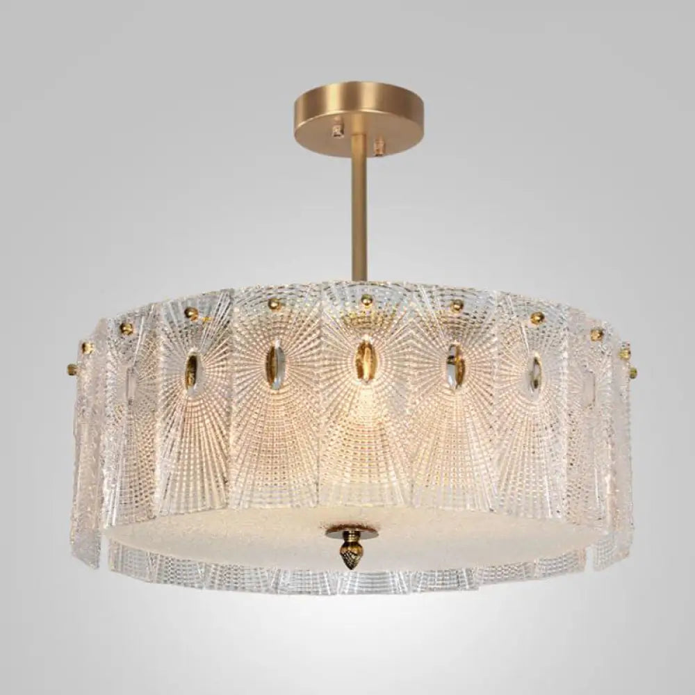 Artistic Clear Carved Glass Chandelier Light - Gold Drum Suspension For Dining Room / 19.5