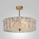Artistic Clear Carved Glass Chandelier Light - Gold Drum Suspension For Dining Room / 23.5
