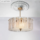 Artistic Clear Carved Glass Chandelier Light - Gold Drum Suspension For Dining Room