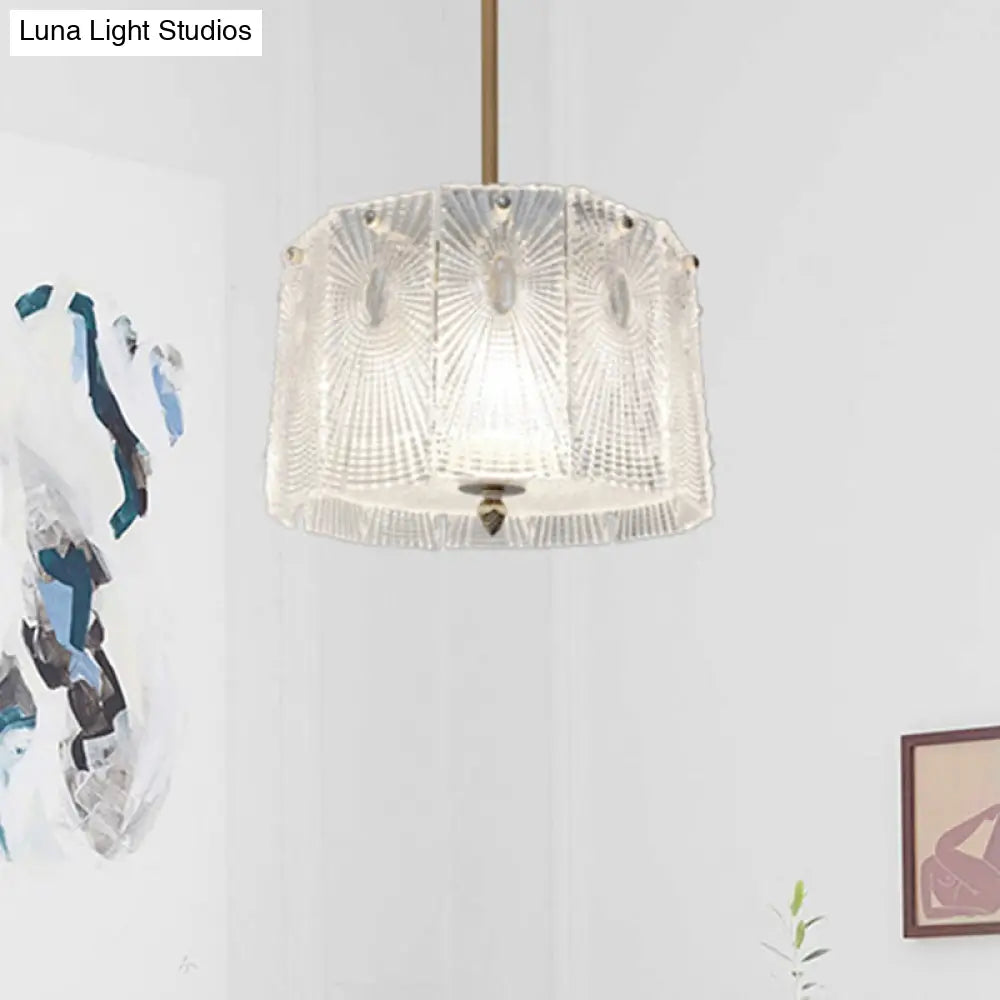 Artistic Clear Carved Glass Chandelier Light - Gold Drum Suspension For Dining Room