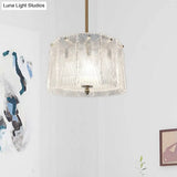 Artistic Clear Carved Glass Chandelier Light - Gold Drum Suspension For Dining Room