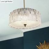Artistic Clear Carved Glass Chandelier Light - Gold Drum Suspension For Dining Room