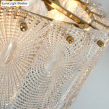 Artistic Clear Carved Glass Chandelier Light - Gold Drum Suspension For Dining Room