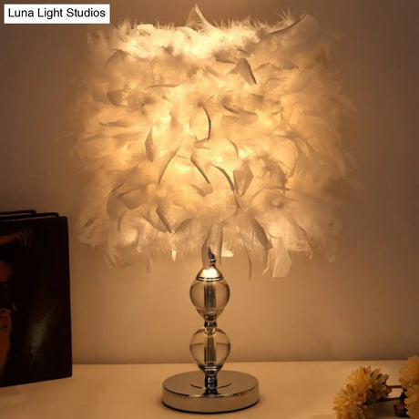 Artistic Feather Cylinder Nightstand Lamp - Nickel Table Lighting For Bedroom
