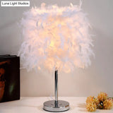 Artistic Feather Cylinder Nightstand Lamp - Nickel Table Lighting For Bedroom