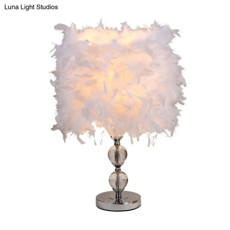 Artistic Feather Cylinder Nightstand Lamp - Nickel Table Lighting For Bedroom