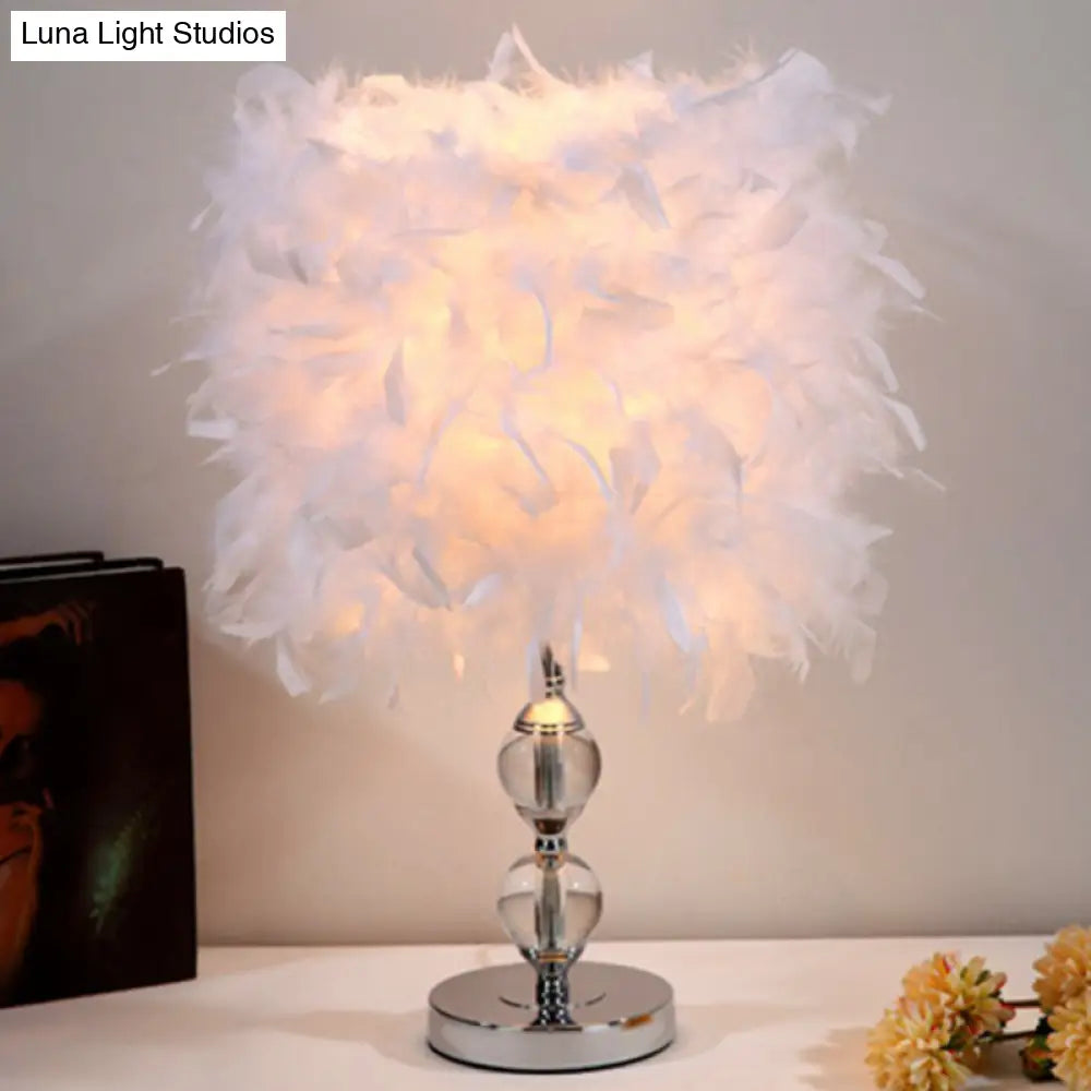 Artistic Feather Cylinder Nightstand Lamp - Nickel Table Lighting For Bedroom
