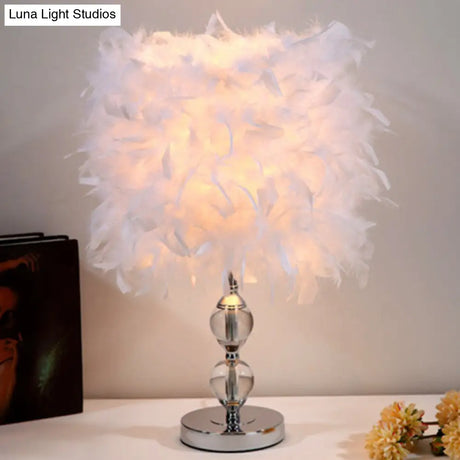 Artistic Feather Cylinder Nightstand Lamp - Nickel Table Lighting For Bedroom