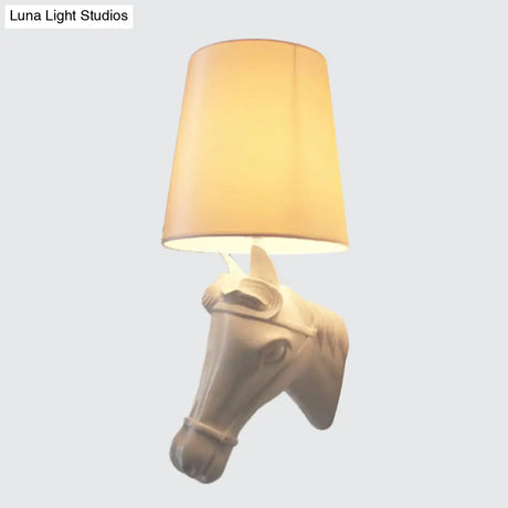 Artistic Resin Horse Head Wall Lamp: 1-Bulb Sconce Light With Tapered Fabric Shade - Black/White/Red