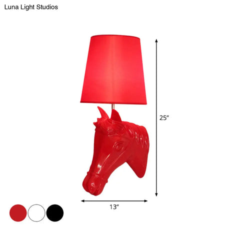 Artistic Resin Horse Head Wall Lamp: 1-Bulb Sconce Light With Tapered Fabric Shade - Black/White/Red