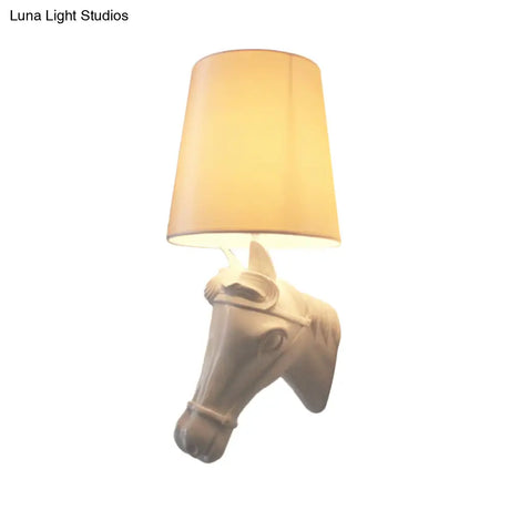 Artistic Resin Horse Head Wall Lamp: 1-Bulb Sconce Light With Tapered Fabric Shade - Black/White/Red