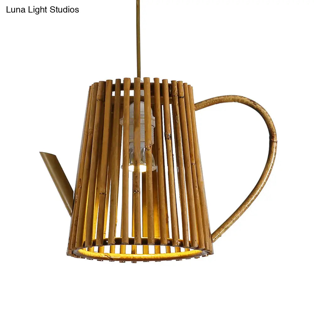 Asia 1-Head Bamboo Teapot Ceiling Lamp: Khaki Hanging Light Fixture For Living Room